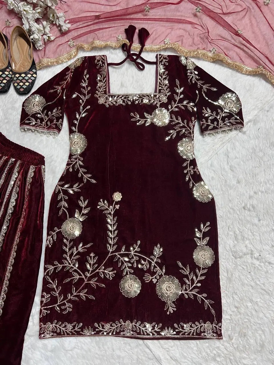 Pure Viscos Heavy Velvet Embroidery Work Velvet Kurti Sharara Set - Premium from Ethenika.com - Just INR 4590! Shop now at Ethenika.com