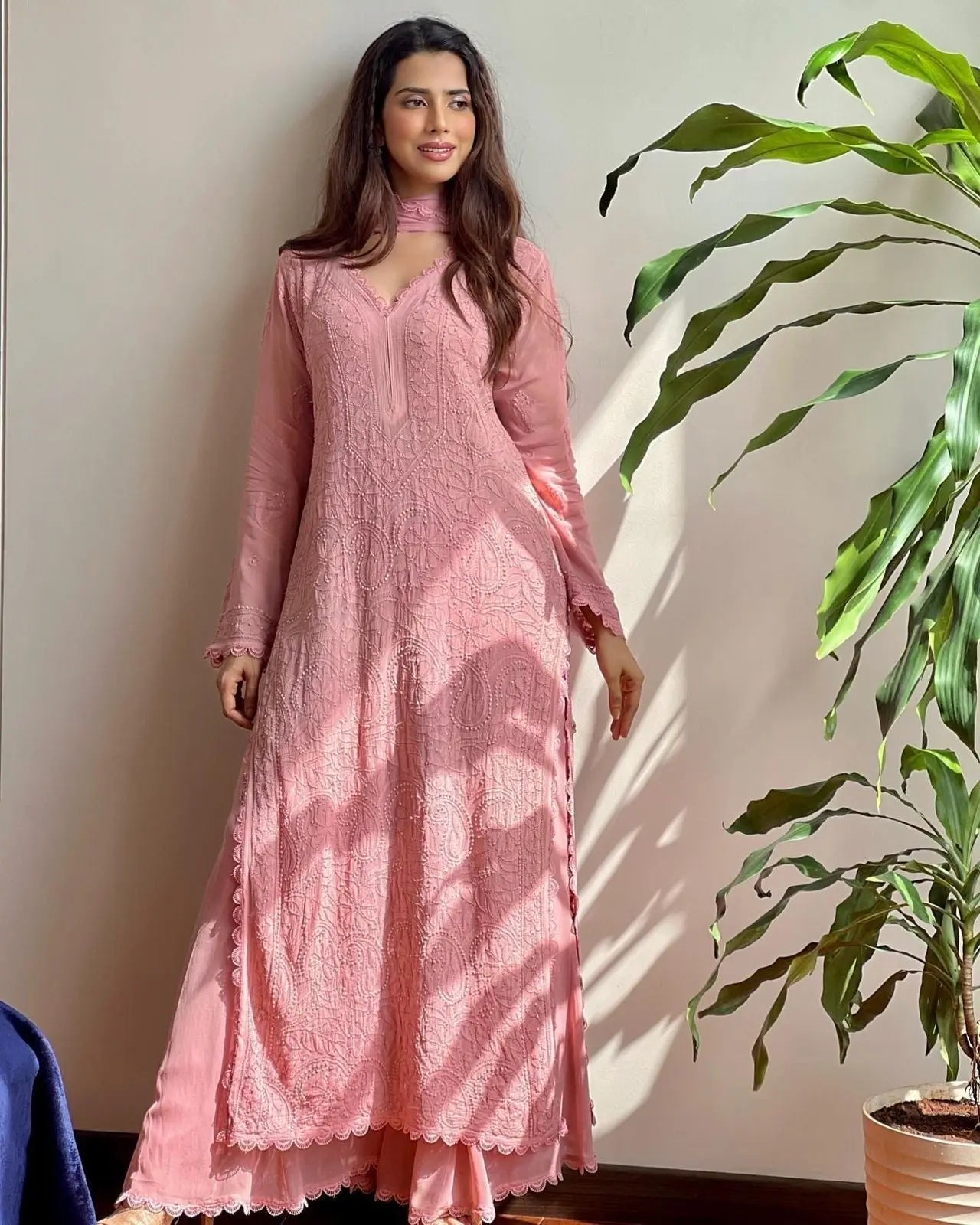 Chikankari work Faux Georgette Kurti Palazzo Set - Premium from Ethenika.com - Just INR 2590! Shop now at Ethenika.com