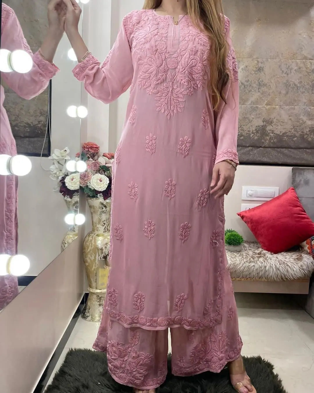 Rayon Chain Stitch Thread work Kurti Palazzo - Premium from Ethenika.com - Just INR 1790! Shop now at Ethenika.com