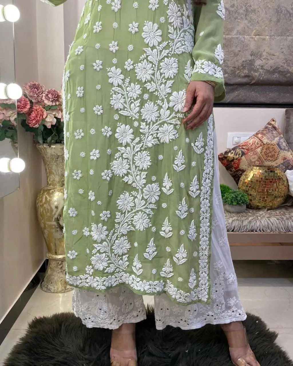 Chikanakri Work Long Kurti Pallazo Set (Stitched) Green - Premium from Ethenika.com - Just INR 2190! Shop now at Ethenika.com