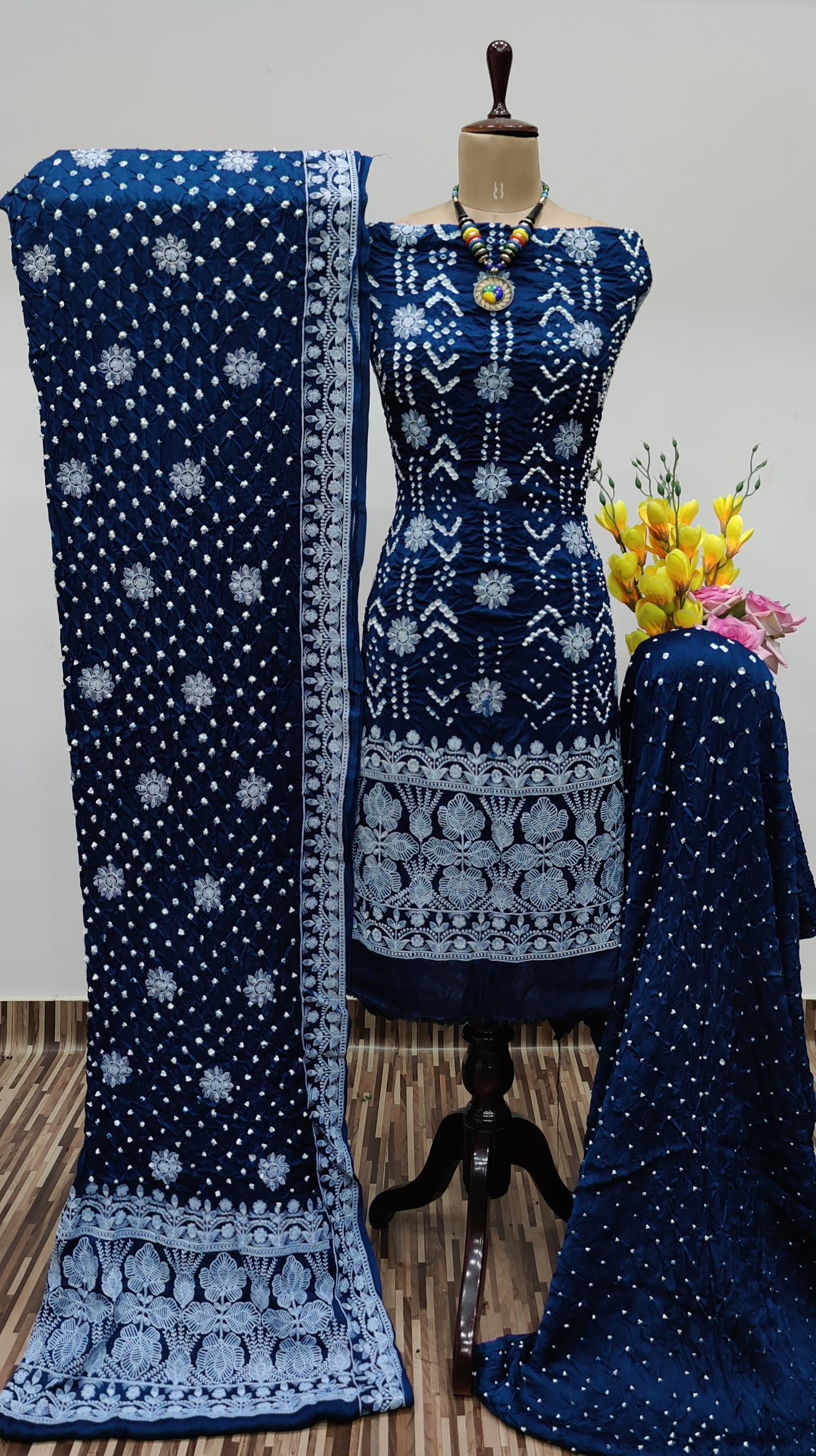 Modal Silk Lakhnavi Thread Embroidery work Bandhani Dress Material (Unstitched) - Premium from Ethenika.com - Just INR 4990! Shop now at Ethenika.com