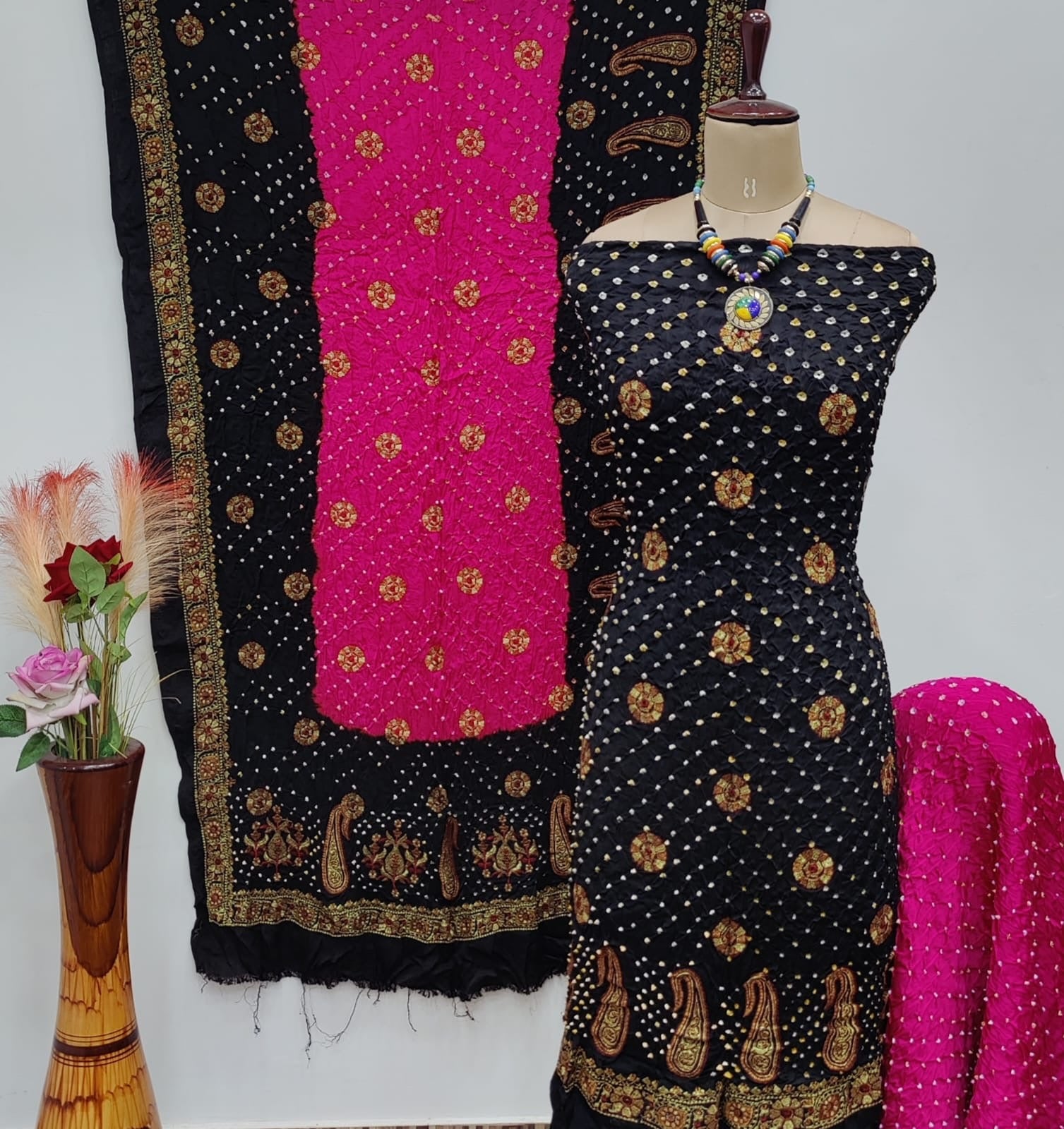 Ghazi Silk Heavy Barik Bandhej work Silk Bandhani Dress Material