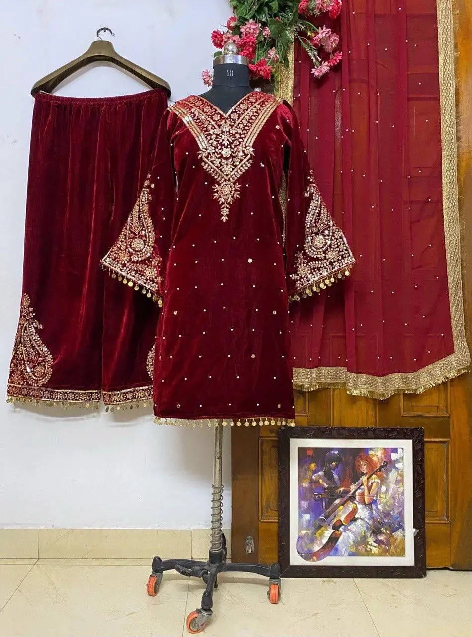 Ethenika Embroidery Work Winter Wear Velvet Kurti Pant Dupatta Set - Premium from Ethenika.com - Just INR 2790! Shop now at Ethenika.com