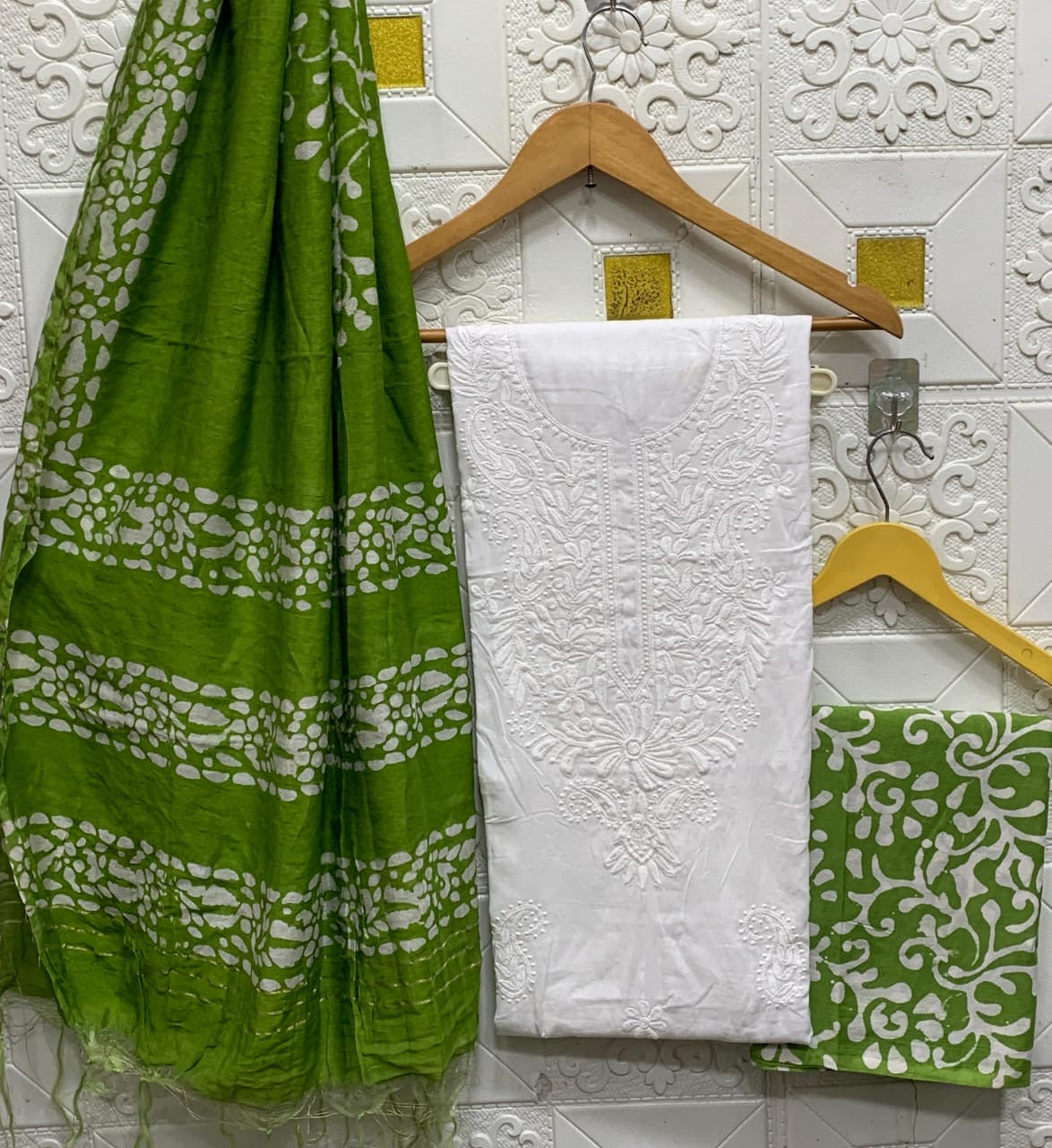 Cotton Lakhnavi Thread work Silk Batik Print Bottom Dupatta Dress Material (Unstitched) - Premium from Ethenika.com - Just INR 1890! Shop now at Ethenika.com