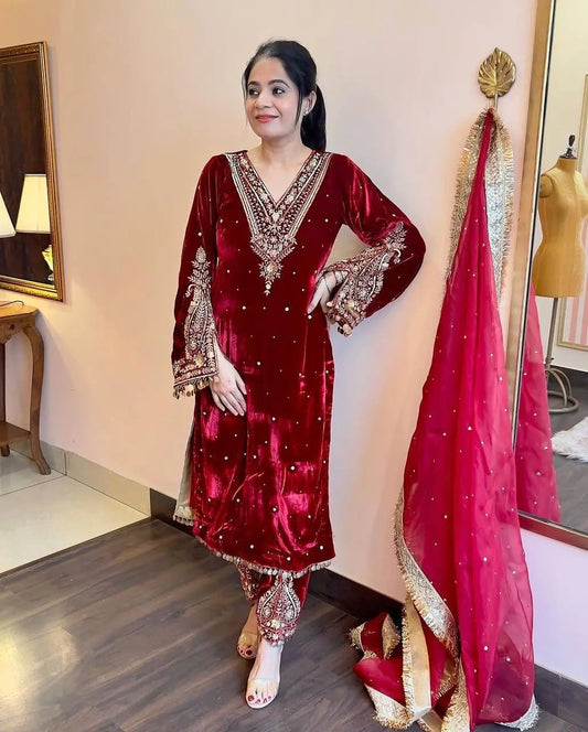 Winter Velvet Embroided Kurti Pant Dupatta Set - Premium  from Ethenika.com - Just INR 2590! Shop now at Ethenika.com