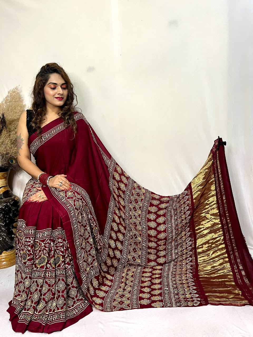 Modal fine Silk Hand Blocked Ajrakh work Saree - Premium from Ethenika.com - Just INR 5990! Shop now at Ethenika.com