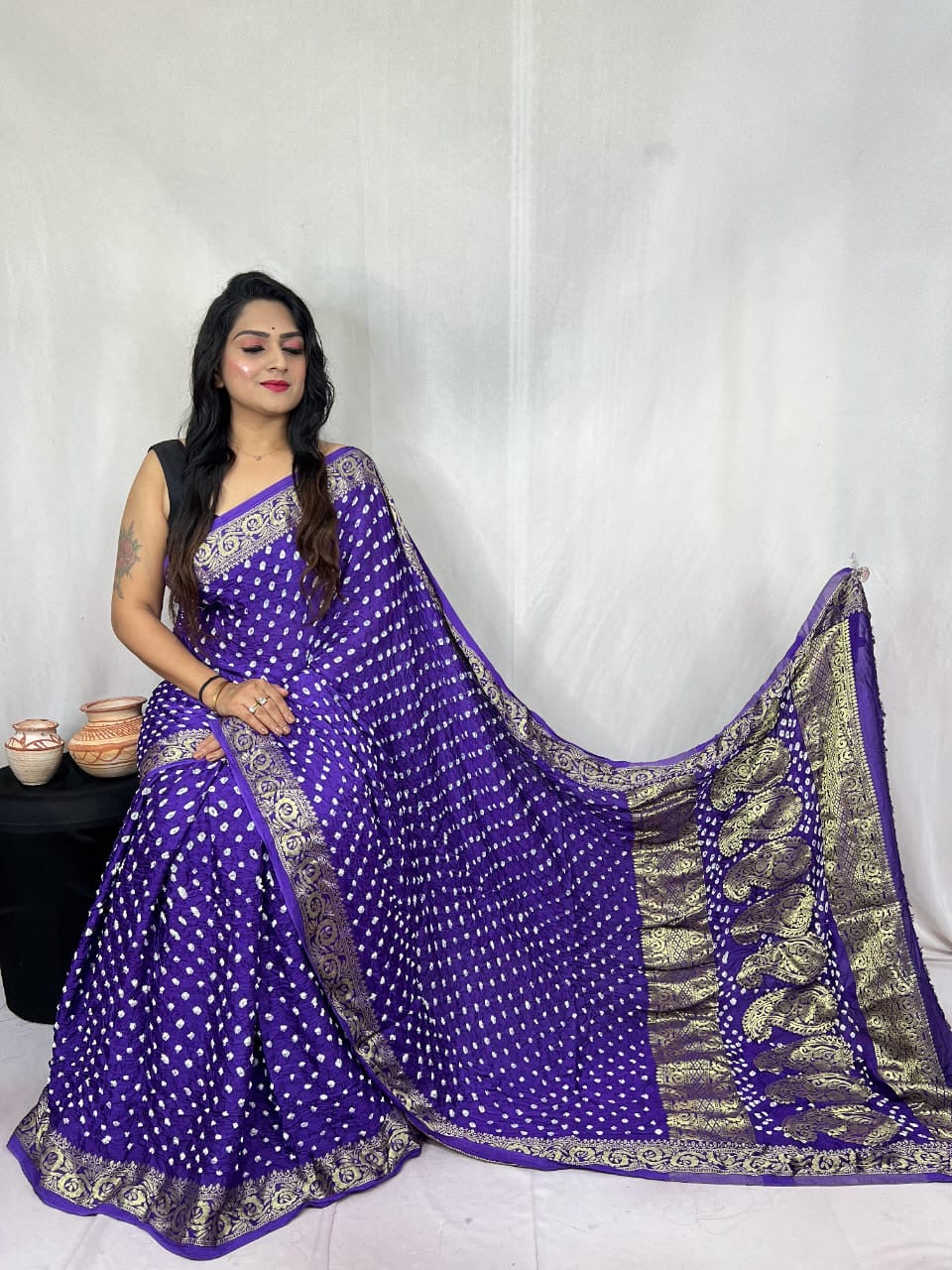 Modal Silk Authentic Hand Crafted Bandhani Saree with Nakshi Border