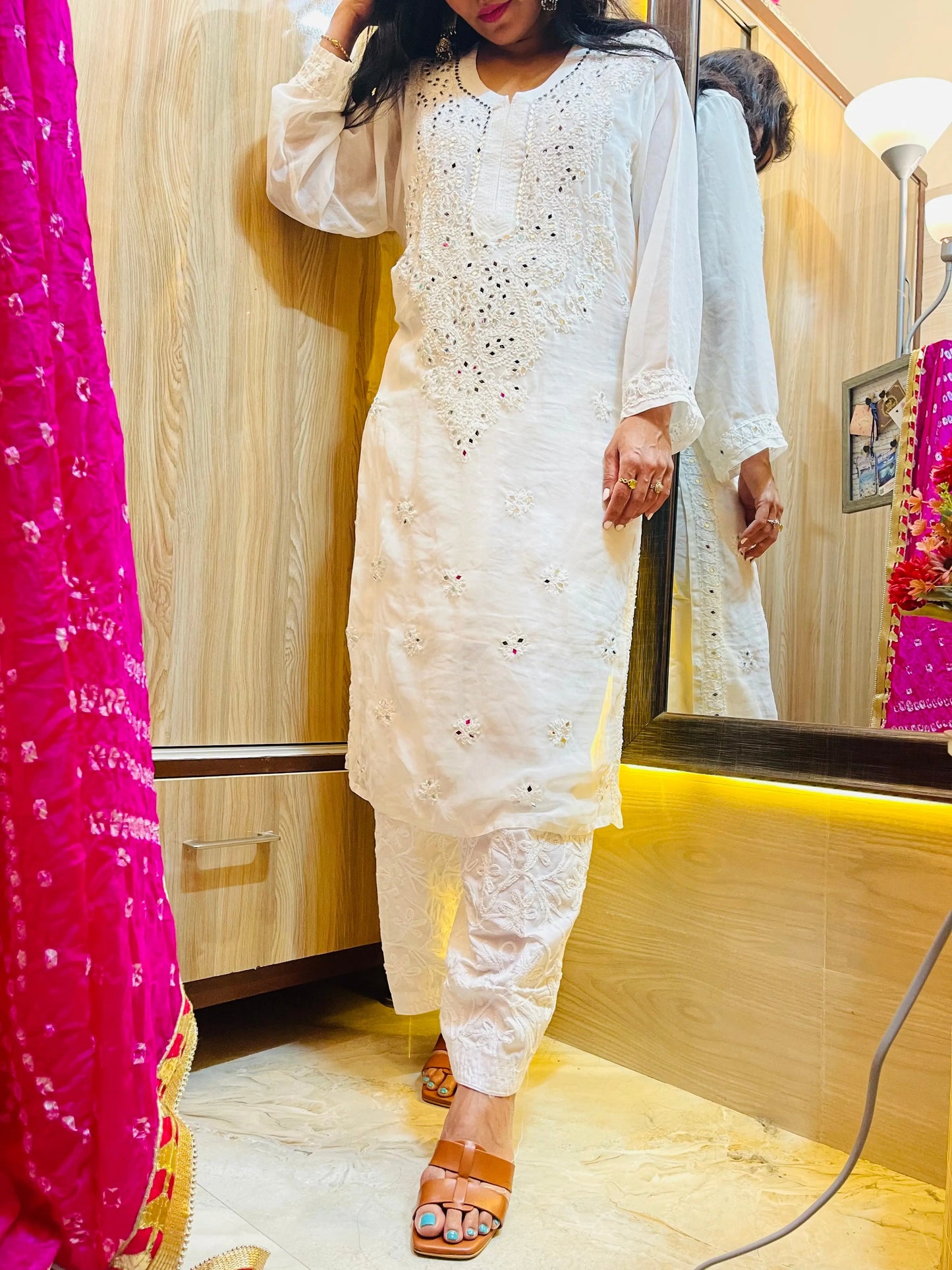 Mirror work Chikankari Kurti with Bandhani Dupatta Pant Set - Premium from Ethenika.com - Just INR 2490! Shop now at Ethenika.com