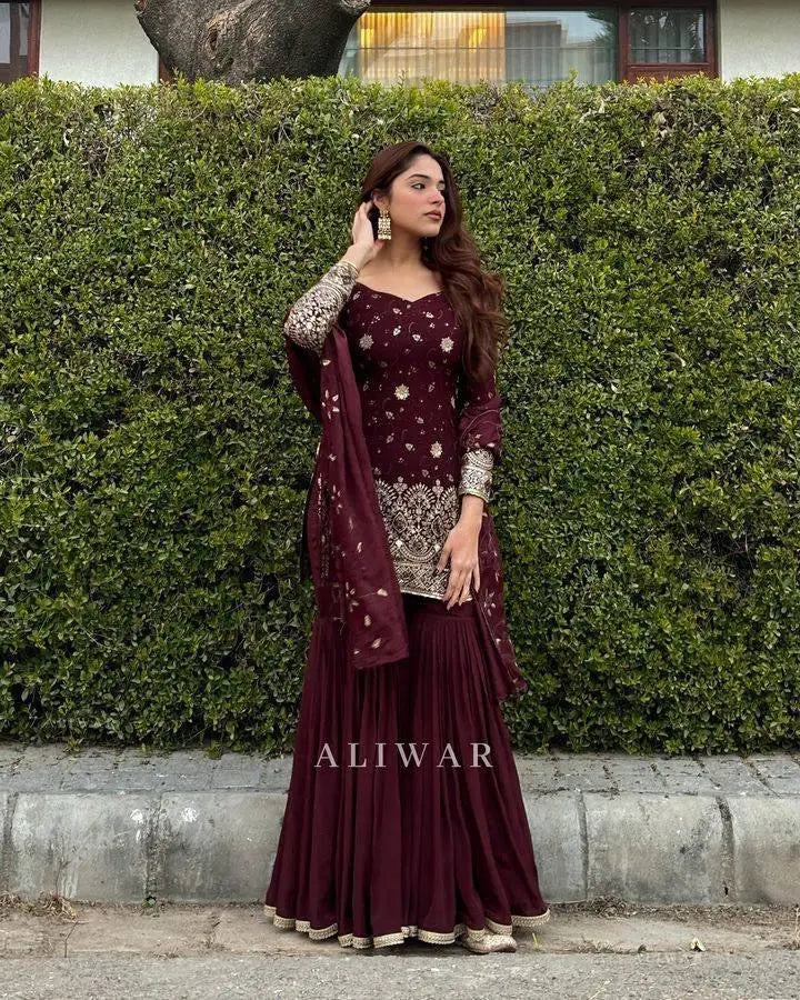 Georgette Sequence Embroidery Work Kurti Sharar Dupatta Set - Premium from Ethenika.com - Just INR 2590! Shop now at Ethenika.com