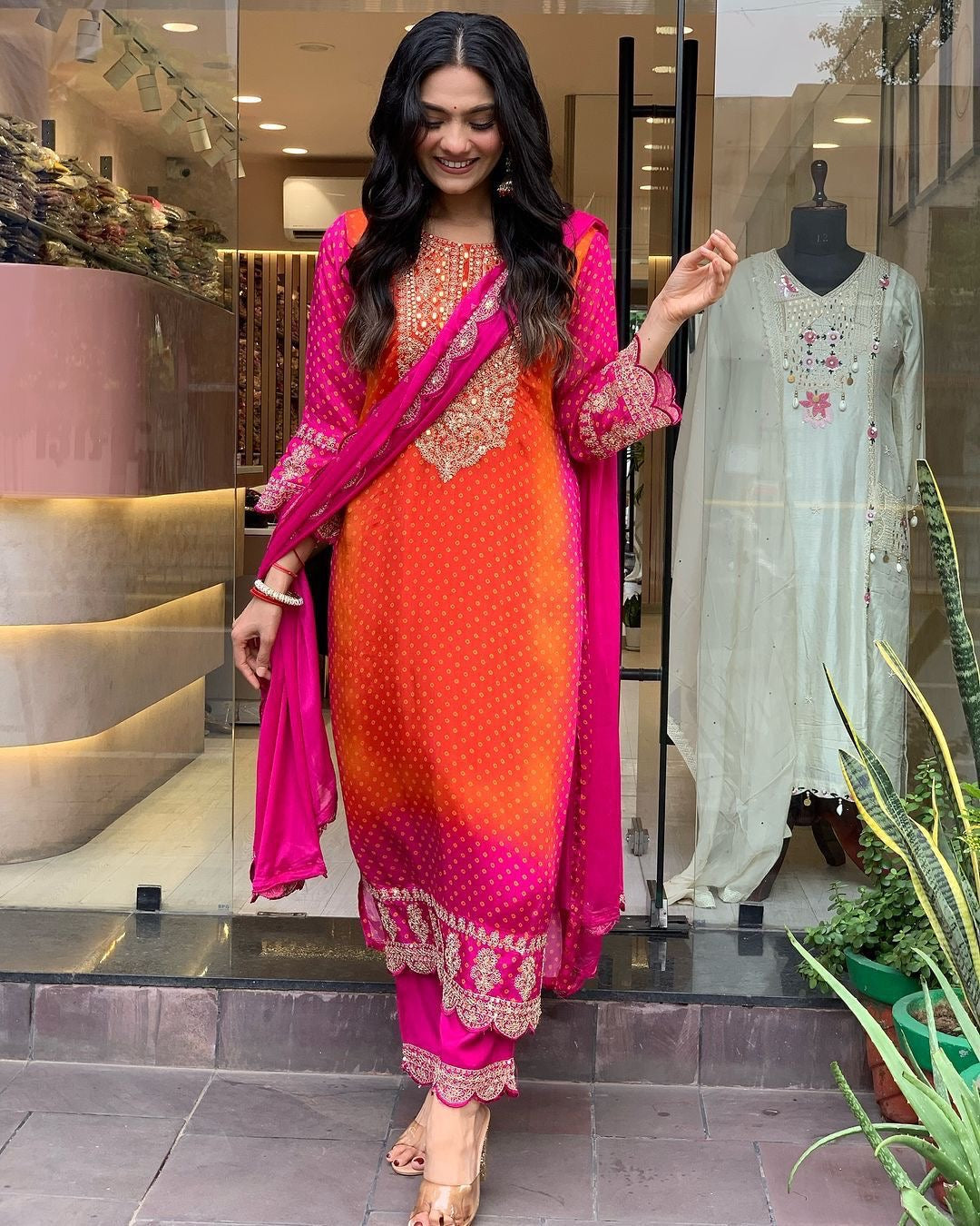 Chinon Digital Bandhani Print with Neck Thread Embroidery work Kurti Pant Dupatta Set(Stitched) - Premium from Ethenika.com - Just INR 2990! Shop now at Ethenika.com