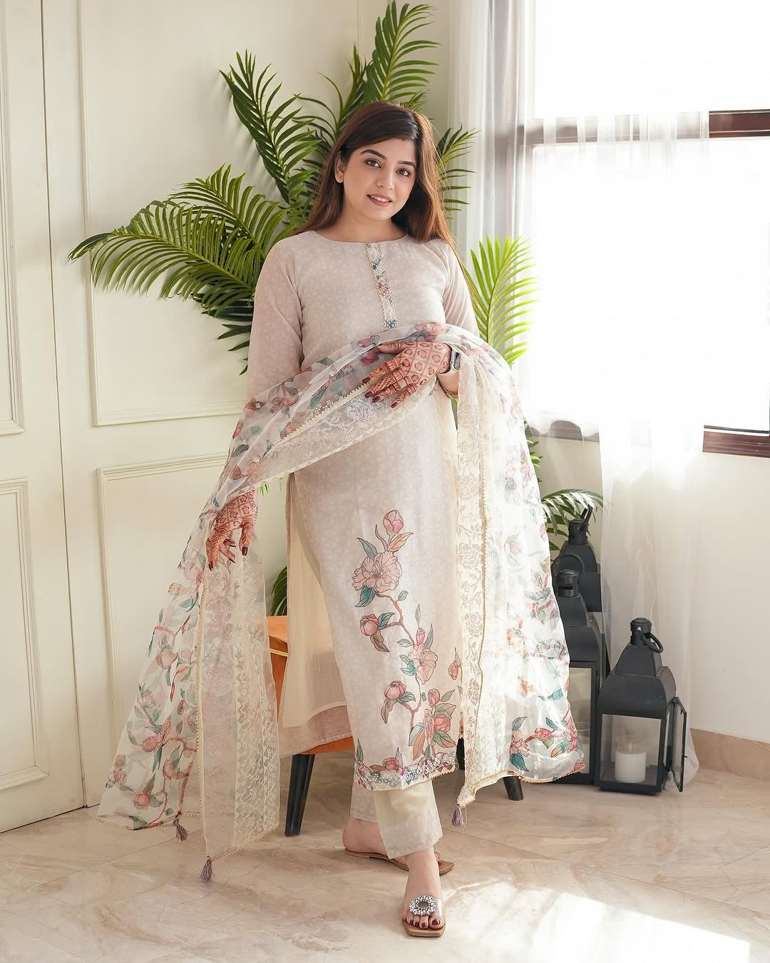 Linen Cotton Digital Floral Print work White Summer Wear Kurti Pant Dupatta Set (Stitched) - Premium from Ethenika.com - Just INR 2490! Shop now at Ethenika.com
