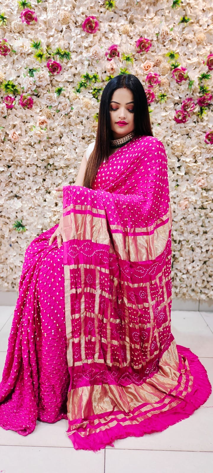 Modal Silk Gharchola Golden Chex work Jamnagar Bandhani Saree