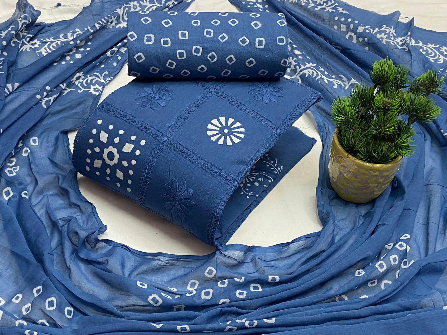 Cotton Block Print Thread Chain Embroidery work Dress Material (Unstitched) - Premium from Ethenika.com - Just INR 1790! Shop now at Ethenika.com