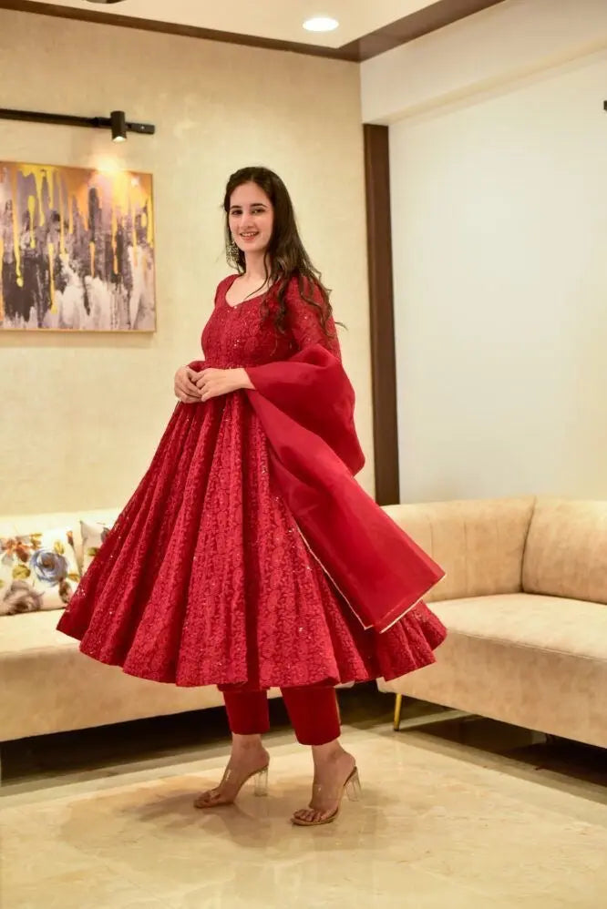 Georgette Chikankari Work Red Anarkali Dress - Premium from Ethenika.com - Just INR 1990! Shop now at Ethenika.com