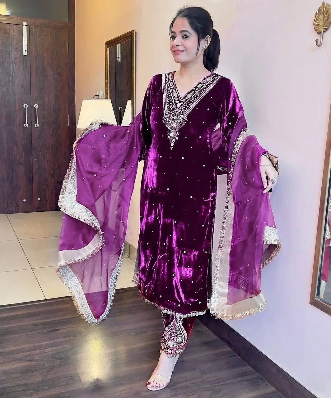 Winter Velvet Embroided Kurti Pant Dupatta Set - Premium  from Ethenika.com - Just INR 2590! Shop now at Ethenika.com
