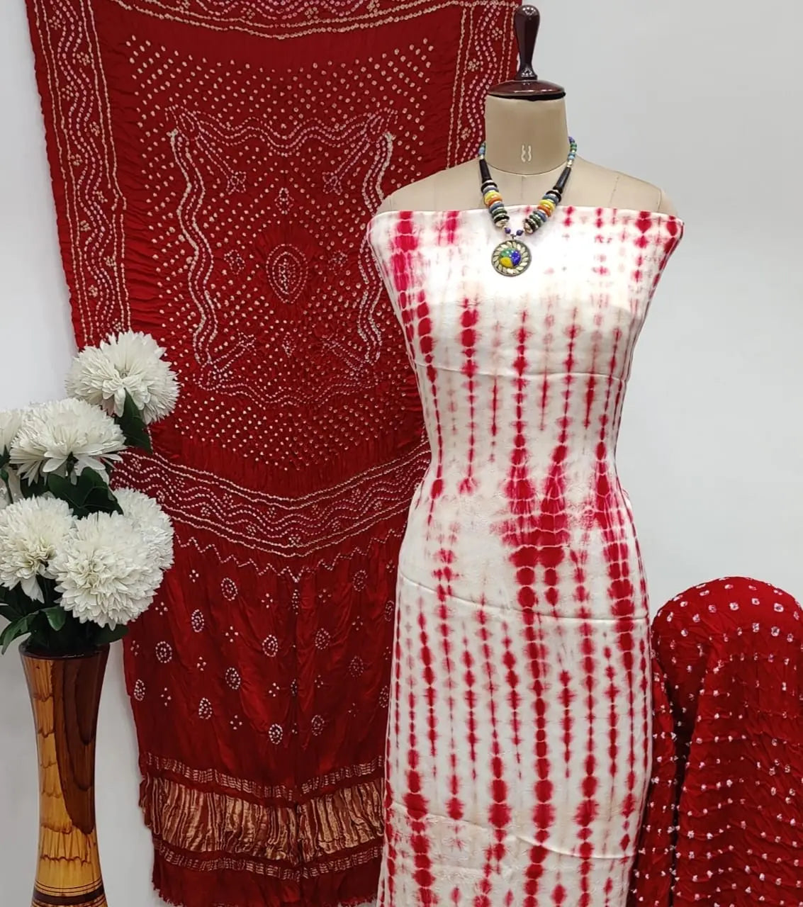 Modal Ghazi Silk White Concept Bandhani Dress Material with Ladgi patta Dupatta - Premium from Ethenika.com - Just INR 5990! Shop now at Ethenika.com