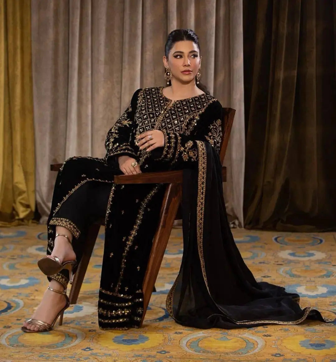 Sequence Embroidery work Pakistani Velvet Kurti Pant Dupatta Set (Stitched) - Premium from Ethenika.com - Just INR 3190! Shop now at Ethenika.com