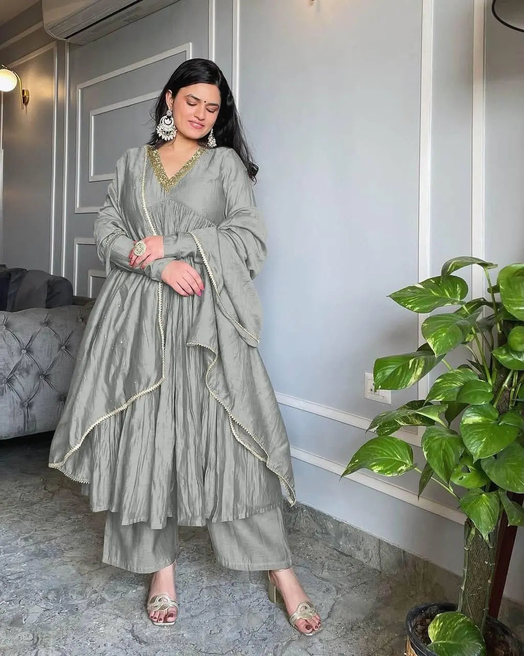 Chinon Silk Alia Cut Ready to Wear Anarkali Gown Free Size / Grey