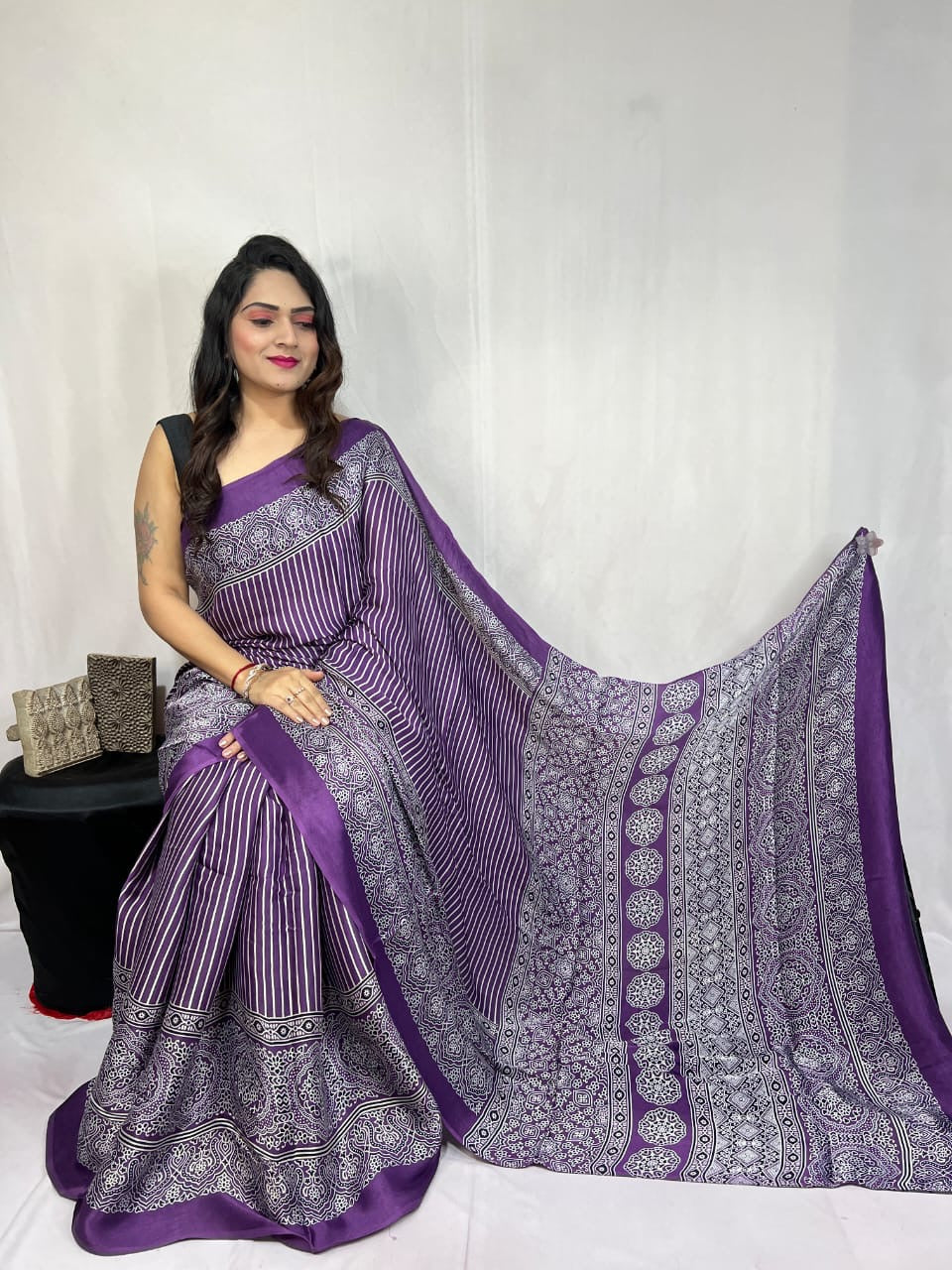 Modal Silk Authentic Hand Blocked Ajrakh work Saree - Premium from Ethenika.com - Just INR 3990! Shop now at Ethenika.com