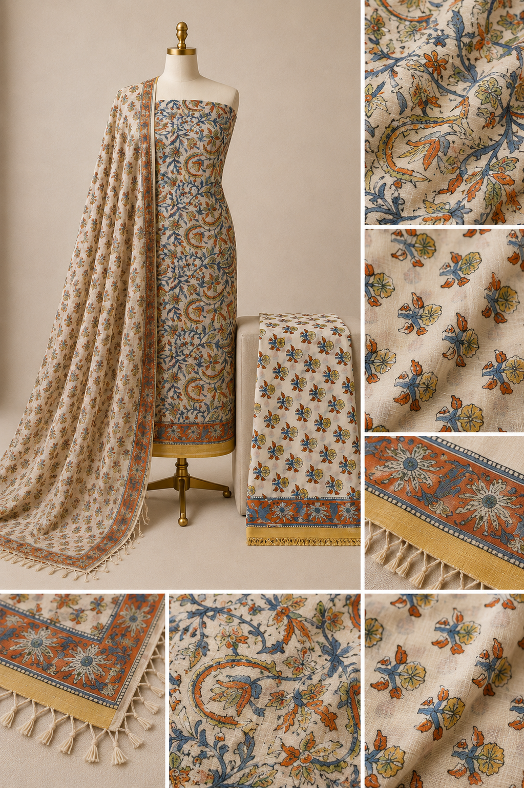 Kota Doria Hand Block Print 3Pc Unstitched Dress Material