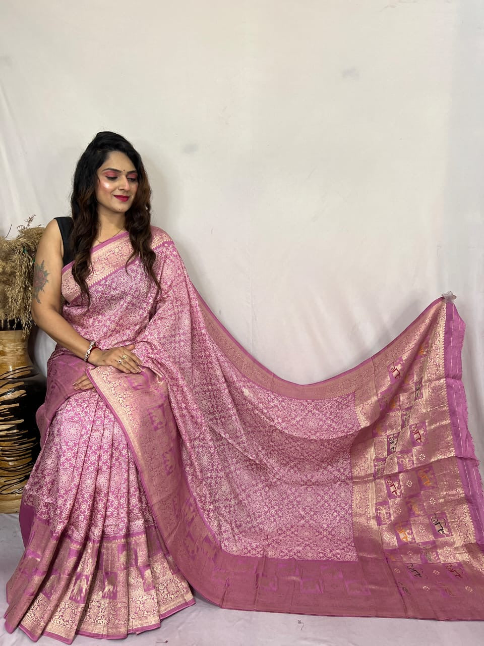 Dola Silk Authentic Hand Crafted Ajrakh Work Saree - Premium from Ethenika.com - Just INR 5990! Shop now at Ethenika.com
