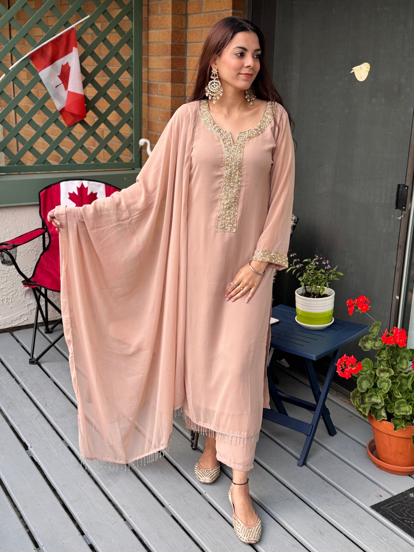 Faux Georgette Neckline Moti work Designer Kurti Pant Dupatta Set (Ready to Wear )