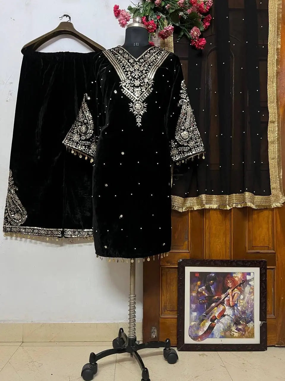 Ethenika Embroidery Work Winter Wear Velvet Kurti Pant Dupatta Set - Premium from Ethenika.com - Just INR 2790! Shop now at Ethenika.com