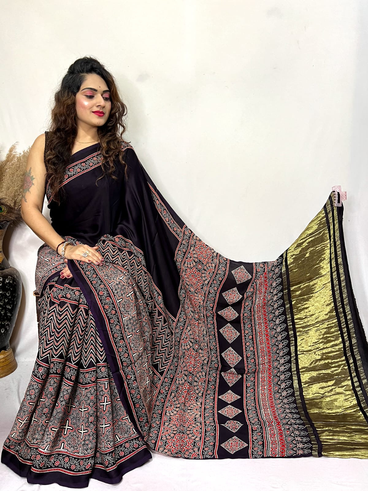 Modal fine Silk Hand Blocked Ajrakh work Saree - Premium from Ethenika.com - Just INR 5990! Shop now at Ethenika.com