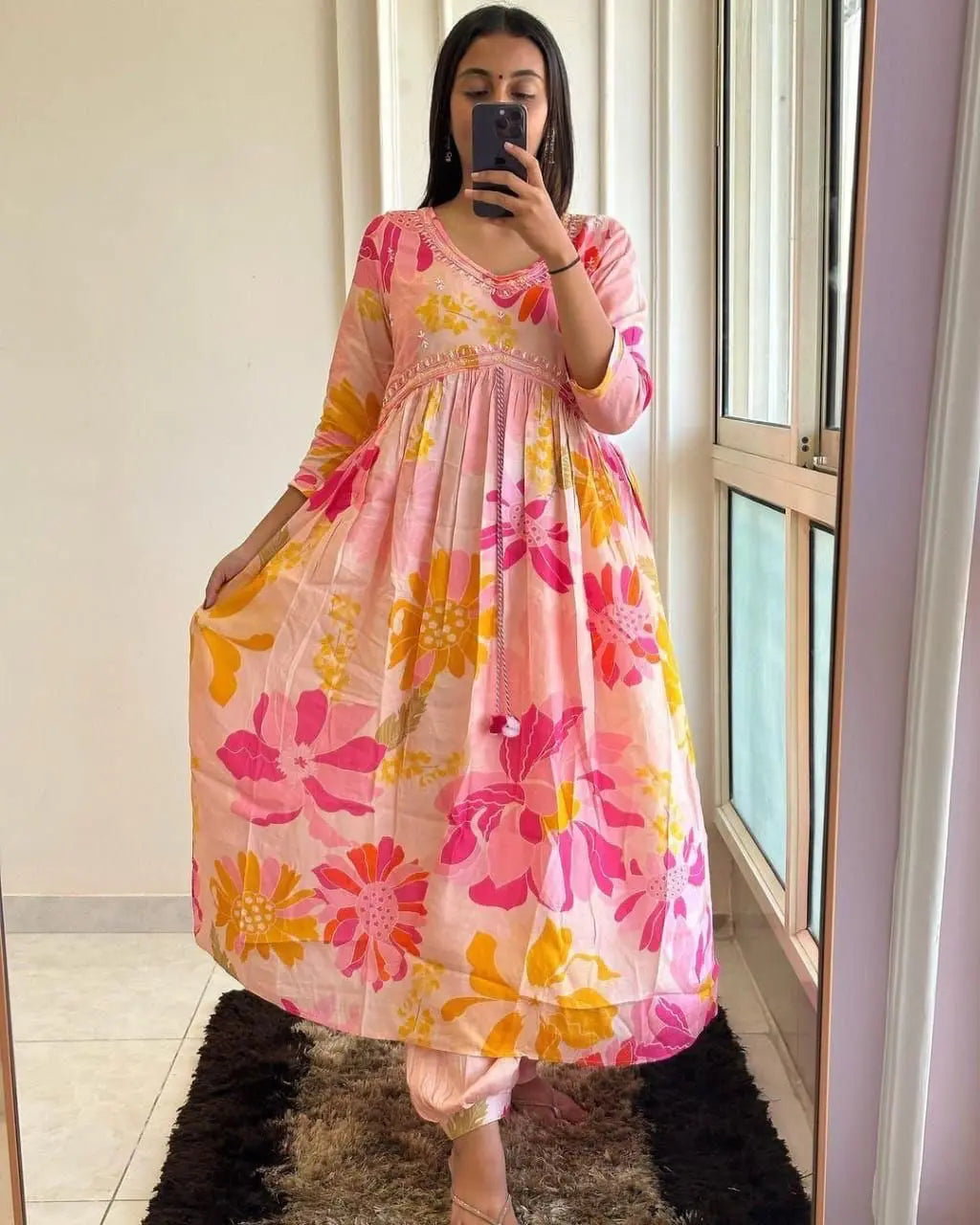Floral Digital Print Lace embroidery work Afghani Kurti Pant Set - Premium from Ethenika.com - Just INR 2290! Shop now at Ethenika.com
