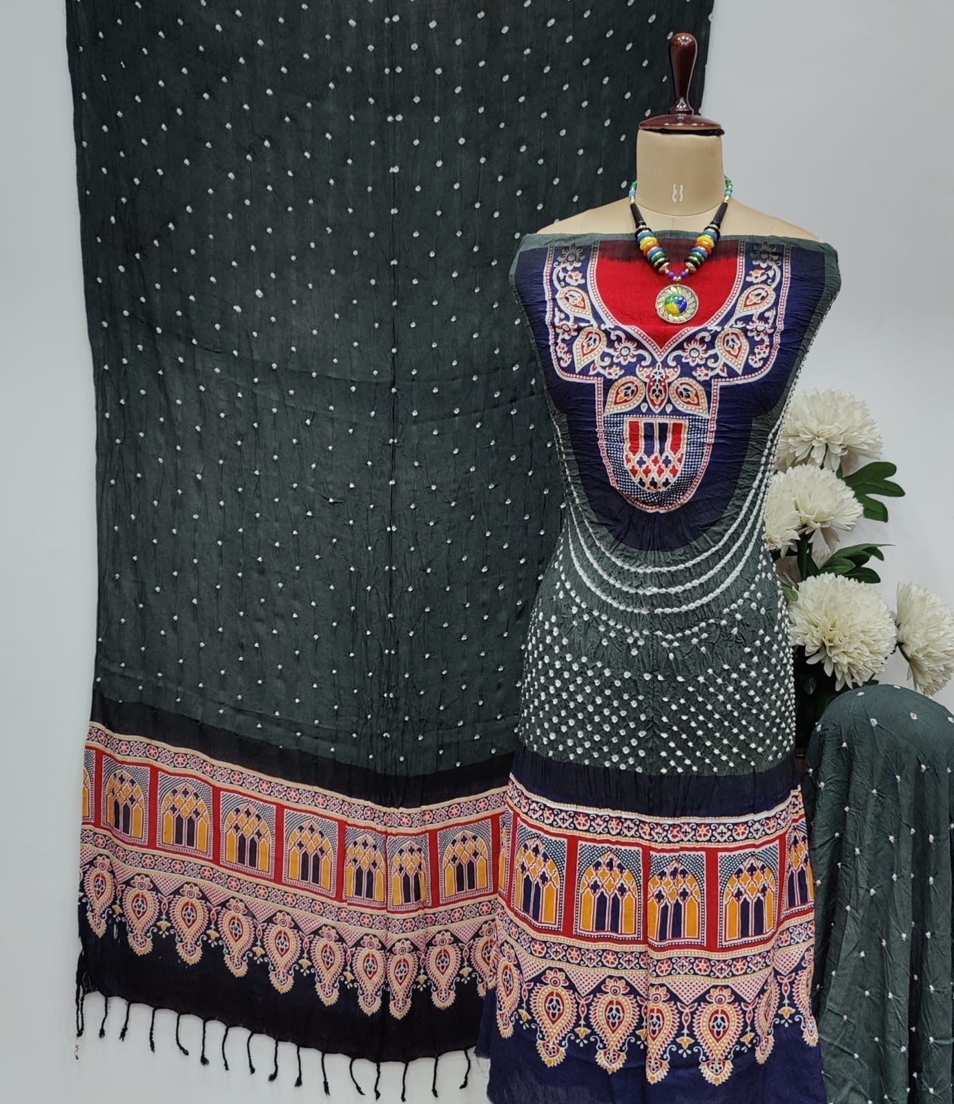 Cotton Ajrakh work Bandhani Dress Material - Premium from Ethenika.com - Just INR 2190! Shop now at Ethenika.com