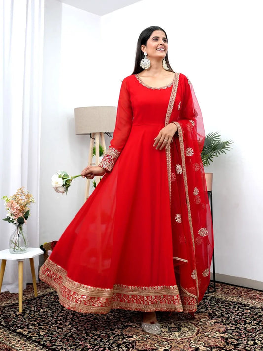 Elegant Red Gown Dupatta set for Karwachauth (Stitched) - Premium  from Ethenika.com - Just INR 2990! Shop now at Ethenika.com