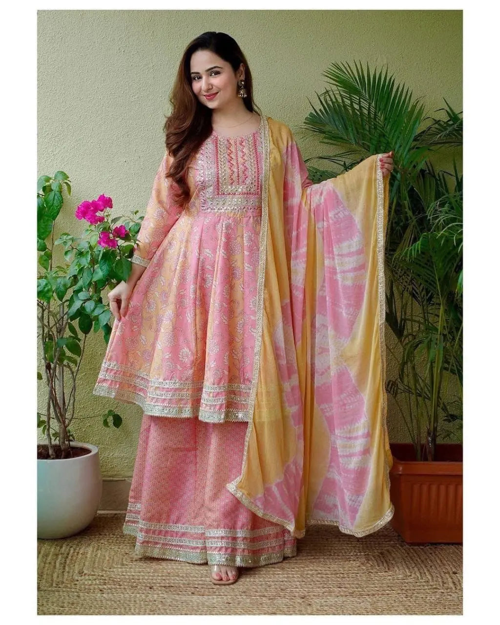 Beautiful Digital print with Embroidery lace work Anarkali Kurti with Sharara Dupatta Set ( Stitched) - Premium from Ethenika.com - Just INR 2590! Shop now at Ethenika.com