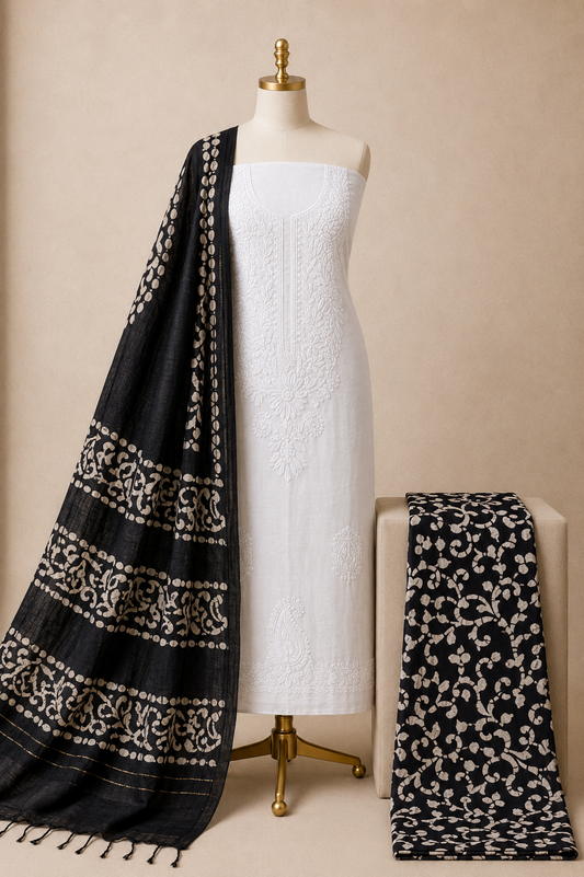 Cotton Lakhnavi Work With Handblock Batik Dupatta Salwar 3Pc Batik Dress Material (Unstitched)