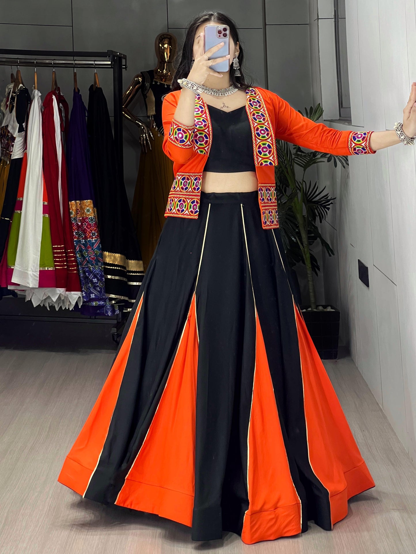 Rayon Cotton Gota Patti Kutchi Work Navratri Garba Special Chaniya Choli With Koti Set (Ready to Wear)