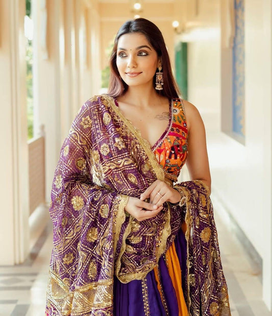 Muslin Digital Print Mirror Work Chaniya Choli - Close-up of Mirror Work Detail