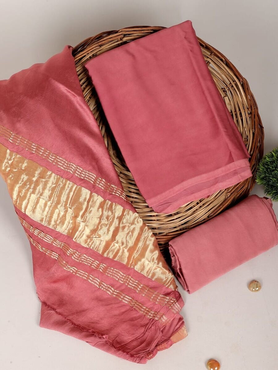Chanderi Silk Plain Concept Dress Material with Zari Weaving Dupatta (Unstitched)