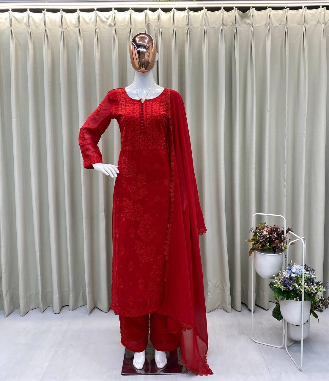 Georgette Chikankari Kurti Palazzo Dupatta Set (Ready to Wear) - Premium from Ethenika.com - Just INR 2990! Shop now at Ethenika.com