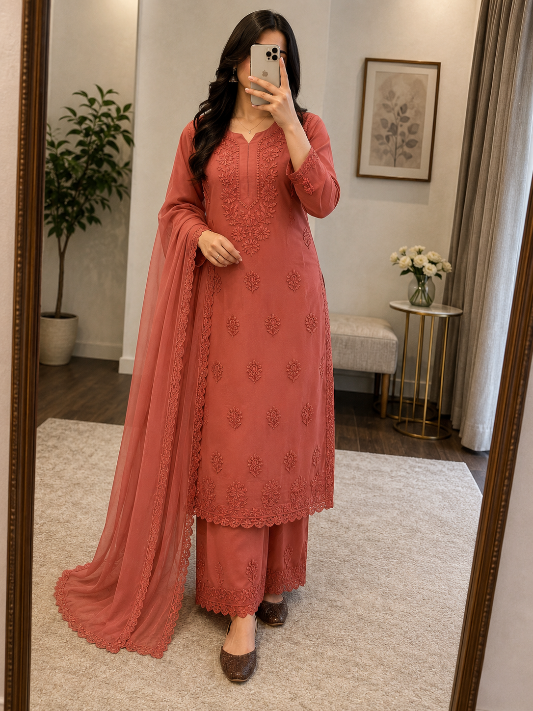 Faux Georgette Chikankari Thread Embroidery Kurti Pant Dupatta Set