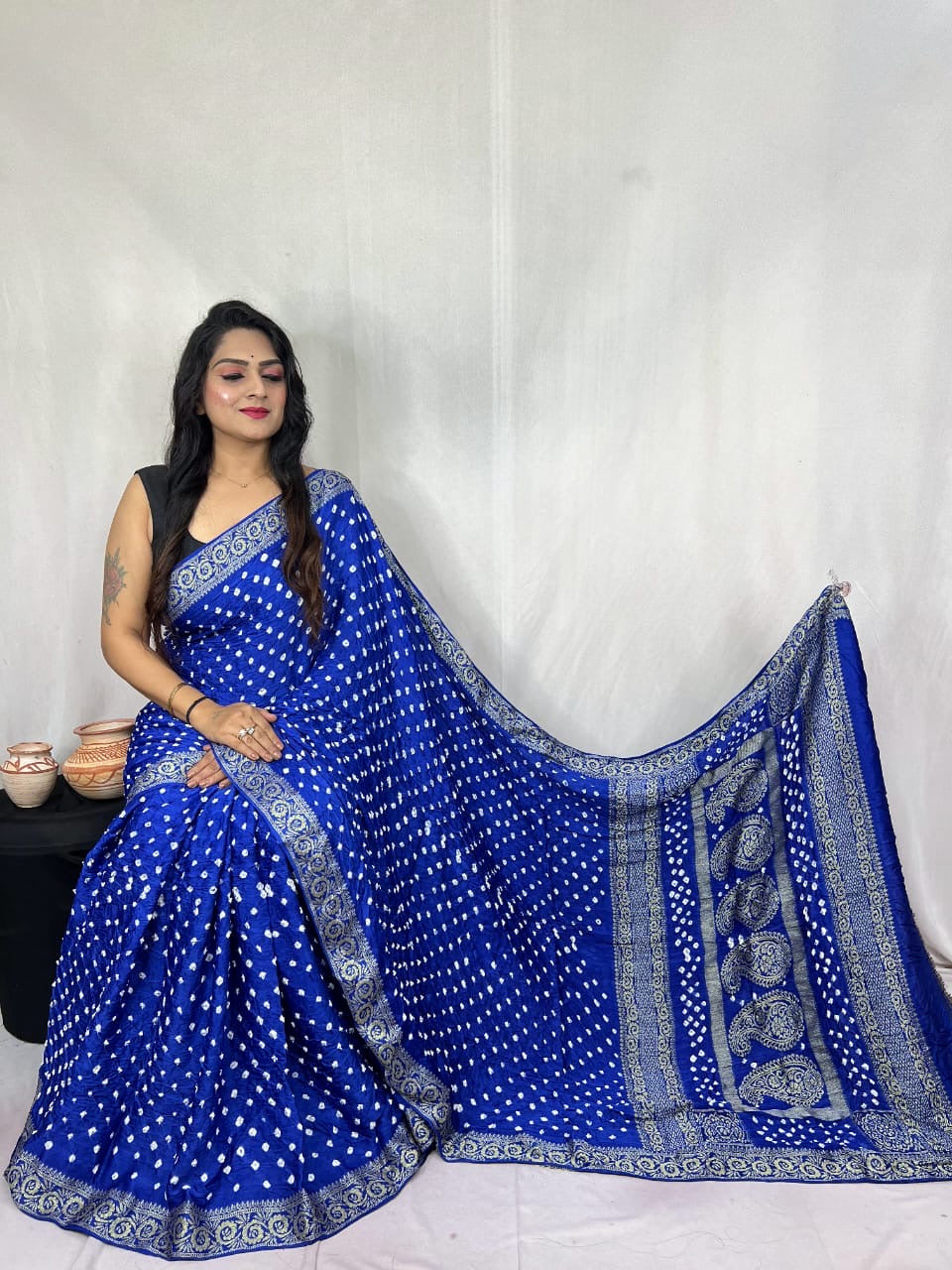 Modal Silk Authentic Hand Crafted Bandhani Saree with Nakshi Border