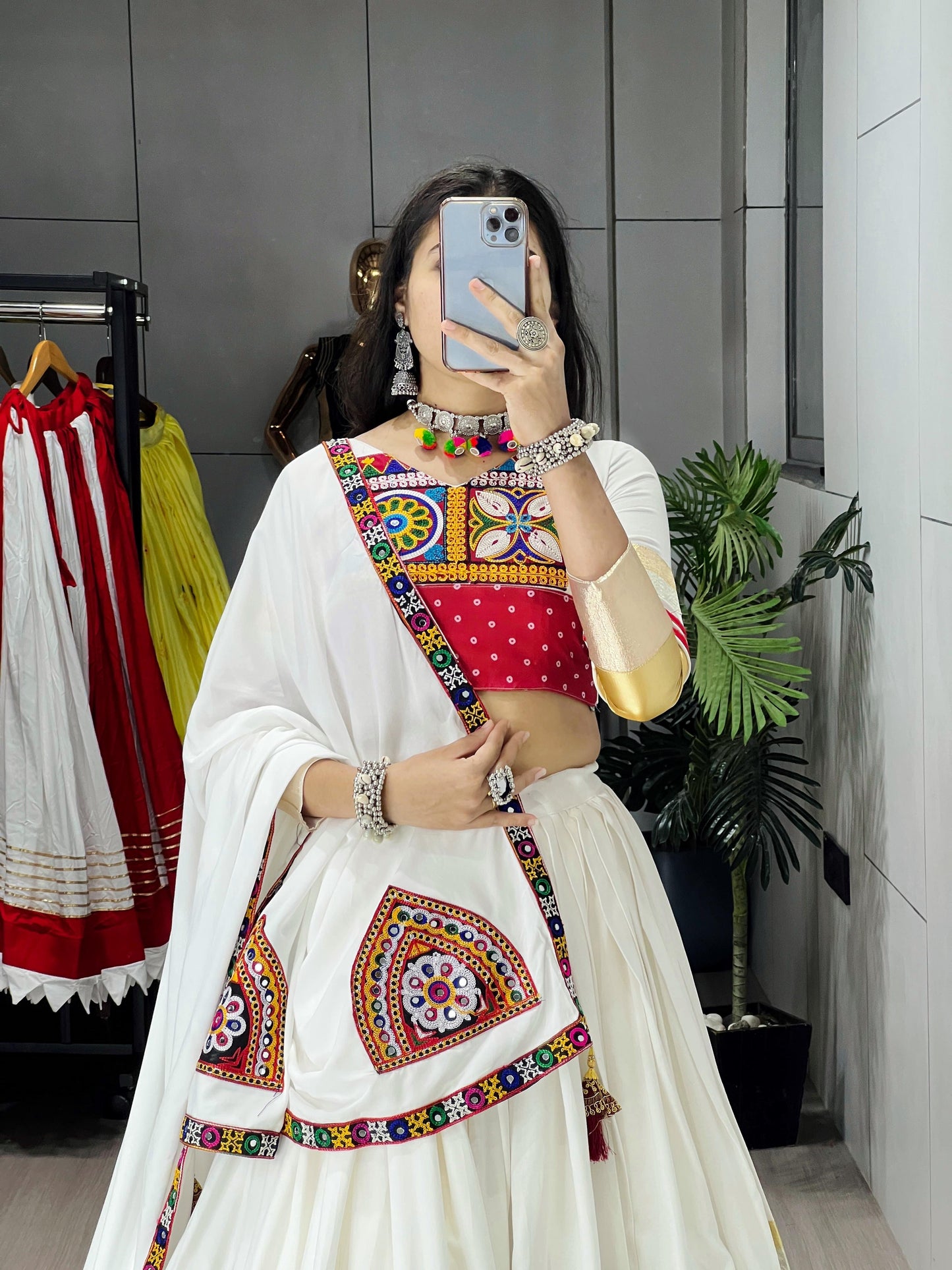 Pure Rayon Cotton Multi Kutchi Design White Concept 6M Flair Navratri Garba Chaniya Choli (Ready to Wear)