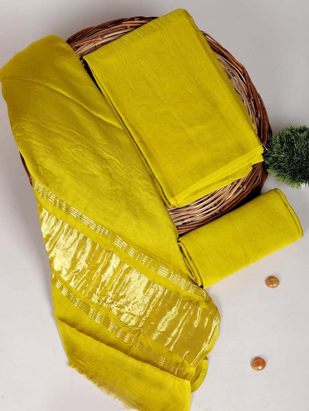 Chanderi Silk Plain Concept Dress Material with Zari Weaving Dupatta (Unstitched)