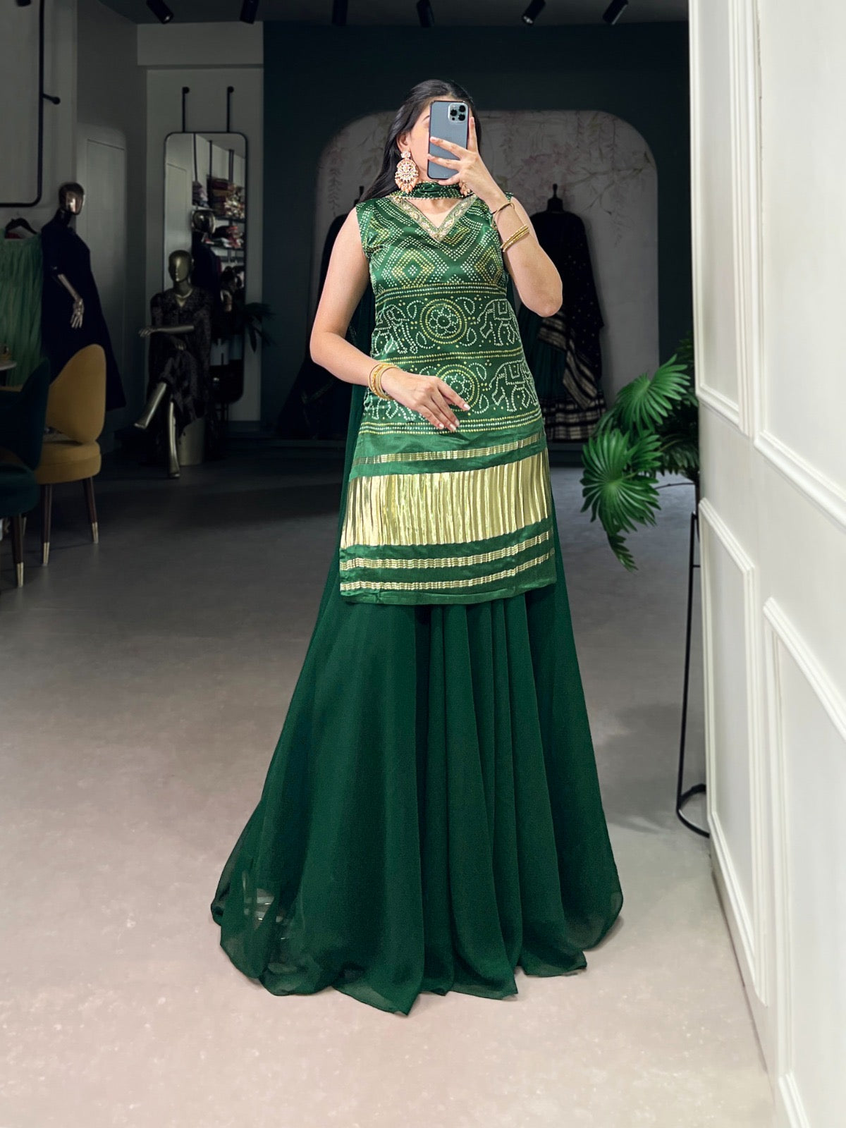 Ghazi Silk Block Print Golden Lagdi Patta work Kurti Palazo Dupatta Set (Ready to Wear) - Premium from Ethenika.com - Just INR 5990! Shop now at Ethenika.com