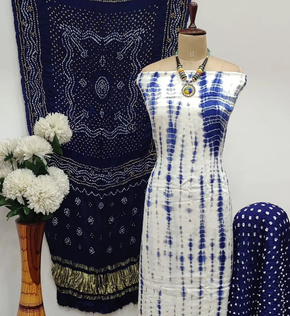 Modal Ghazi Silk White Concept Bandhani Dress Material with Ladgi patta Dupatta - Premium from Ethenika.com - Just INR 5990! Shop now at Ethenika.com