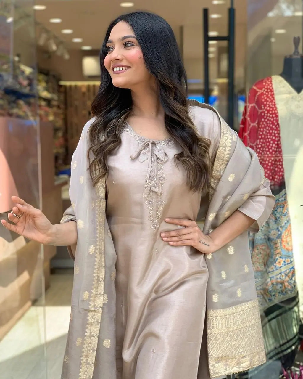 Roman Silk Jeckard Hand work Zari Weaving work Kurti Pant Dupatta Set (Stitched) - Premium from Ethenika.com - Just INR 2990! Shop now at Ethenika.com
