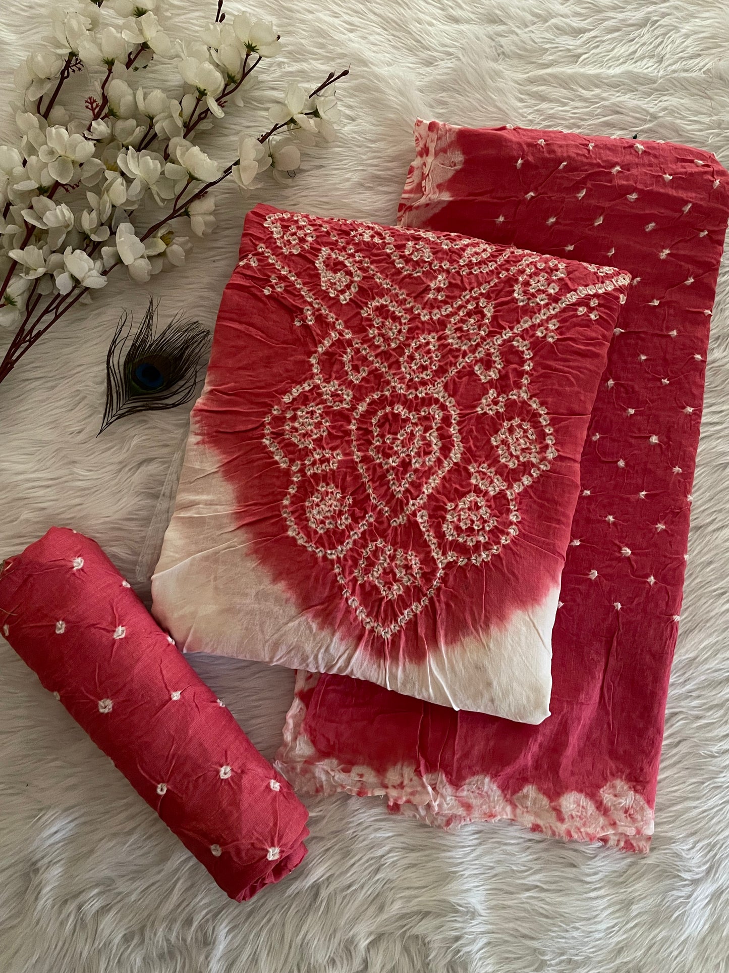 Soft Cotton Satin White Concept Kusum Neck work Bandhani Dress Material (Unstitched) - Premium from Ethenika.com - Just INR 1790! Shop now at Ethenika.com