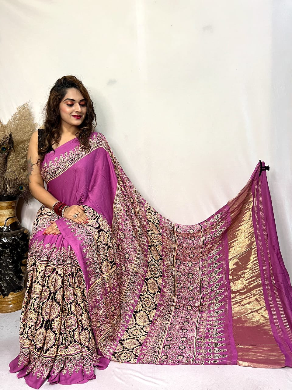 Fine Modal Silk Authetic Hand blocked Ajrakh Print Saree - Premium from Ethenika.com - Just INR 6590! Shop now at Ethenika.com