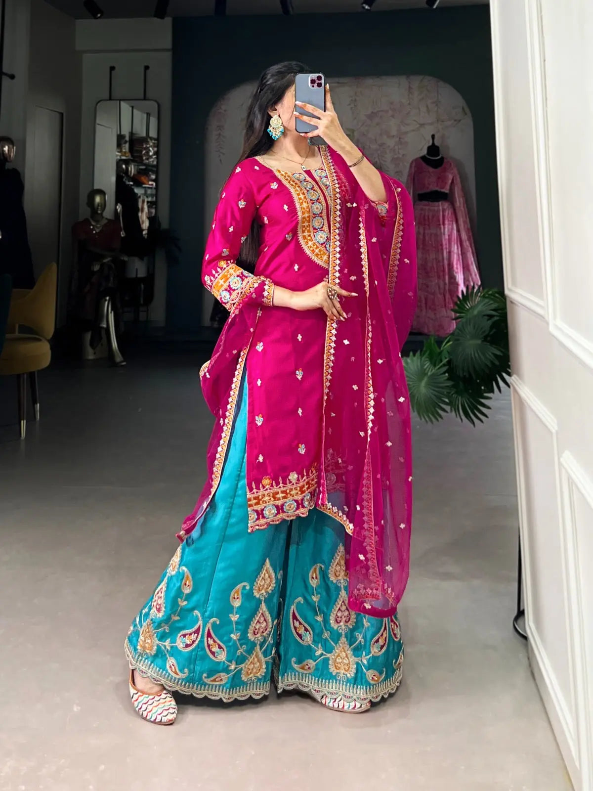 Ethenika Silk Sequence Embroidery Work Kurti Sharara Dupatta Set (Stitched) - Premium from Ethenika.com - Just INR 4990! Shop now at Ethenika.com