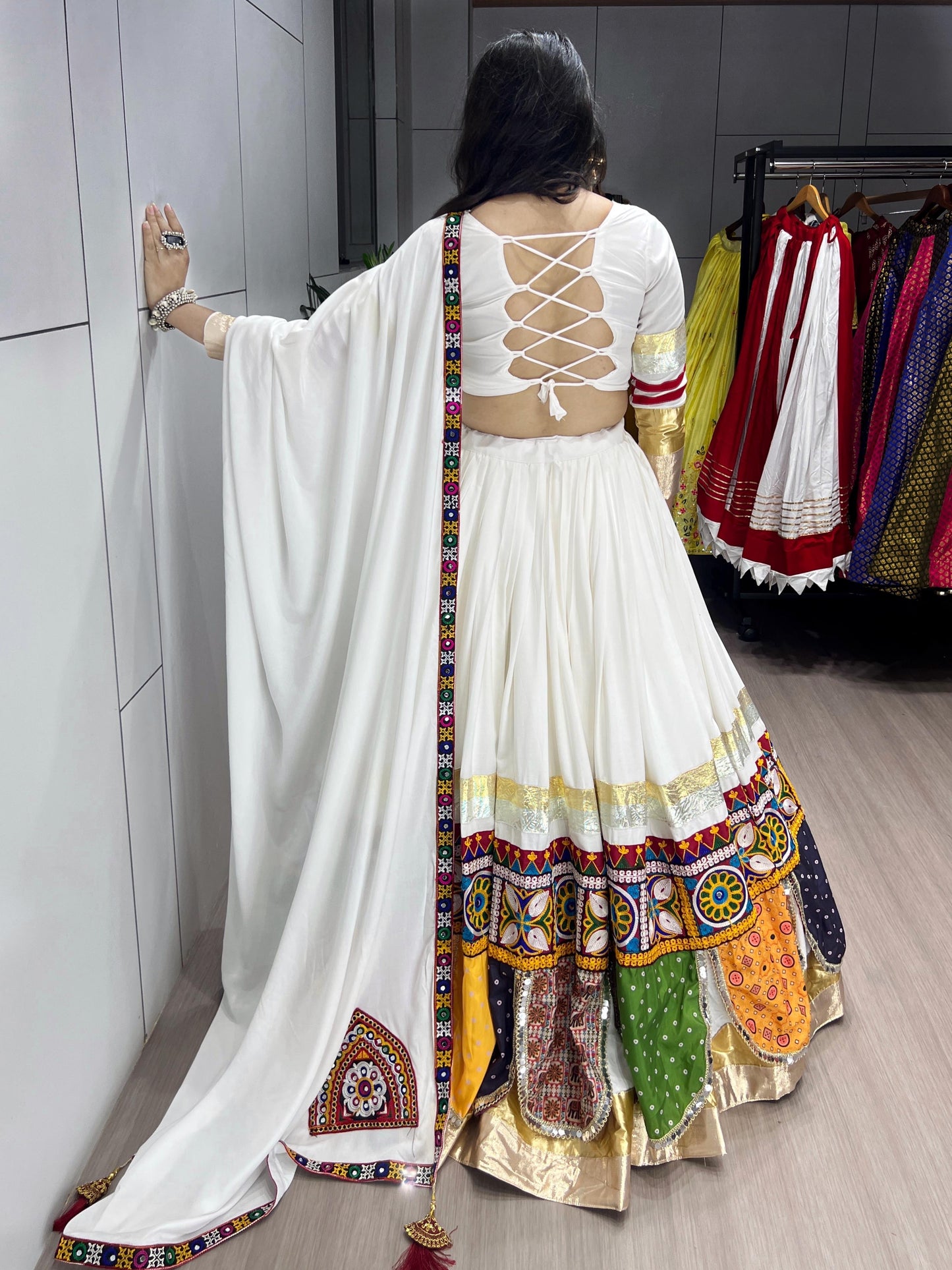 Pure Rayon Cotton Multi Kutchi Design White Concept 6M Flair Navratri Garba Chaniya Choli (Ready to Wear)