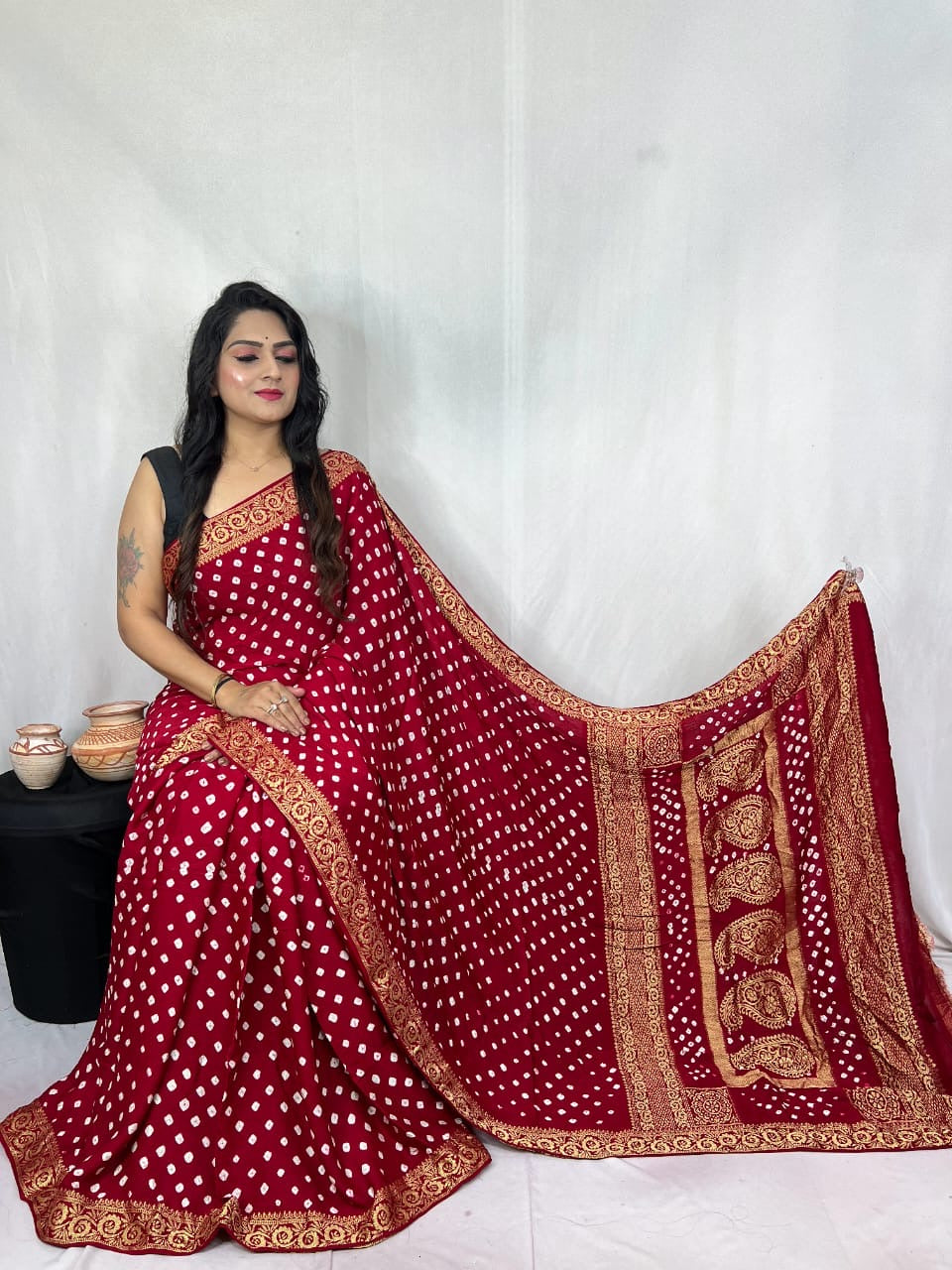 Modal Silk Authentic Hand Crafted Bandhani Saree with Nakshi Border