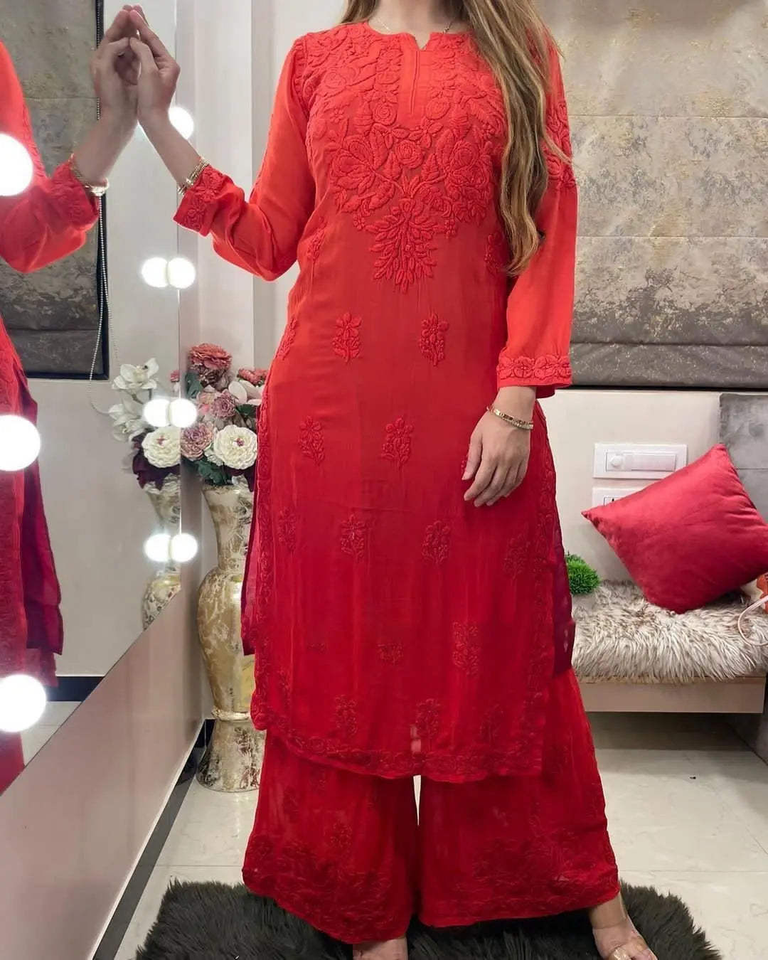 Rayon Chain Stitch Thread work Kurti Palazzo - Premium from Ethenika.com - Just INR 1790! Shop now at Ethenika.com
